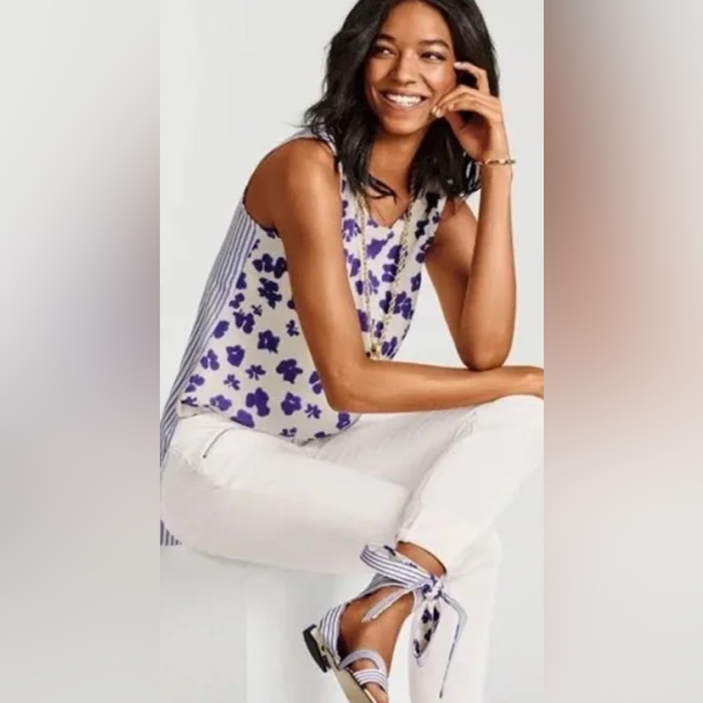 cabi Blue and White Asymmetrical Tie Front Blouse